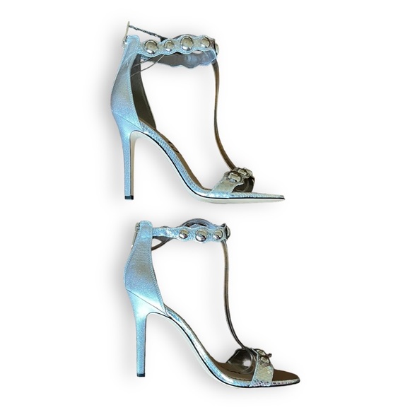 Sam Edelmen Addison Embellished Ankle Strap Sandal Stiletto Heel Metallic Silver - Picture 9 of 16